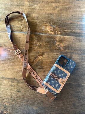 Louis Vuitton Blue Monogram Phone Case with Brown Strap